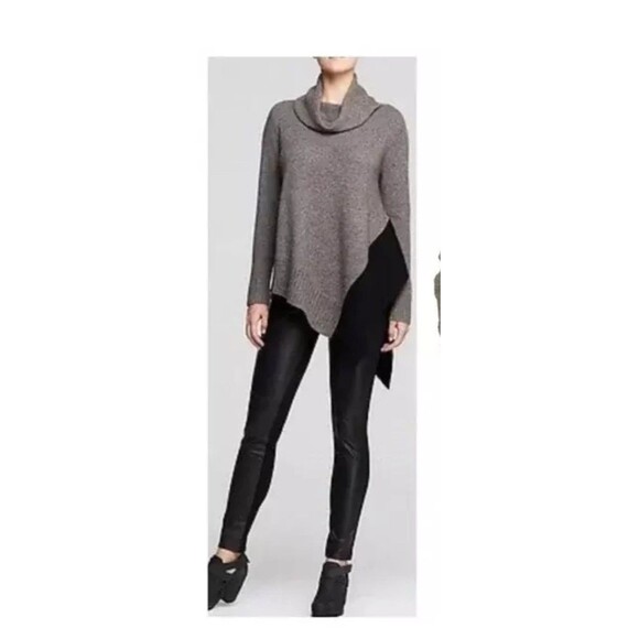 Eileen Fisher $248 Taupe Black Yak Merino Wool Poncho Turtleneck Sweater Sz S - Picture 1 of 9